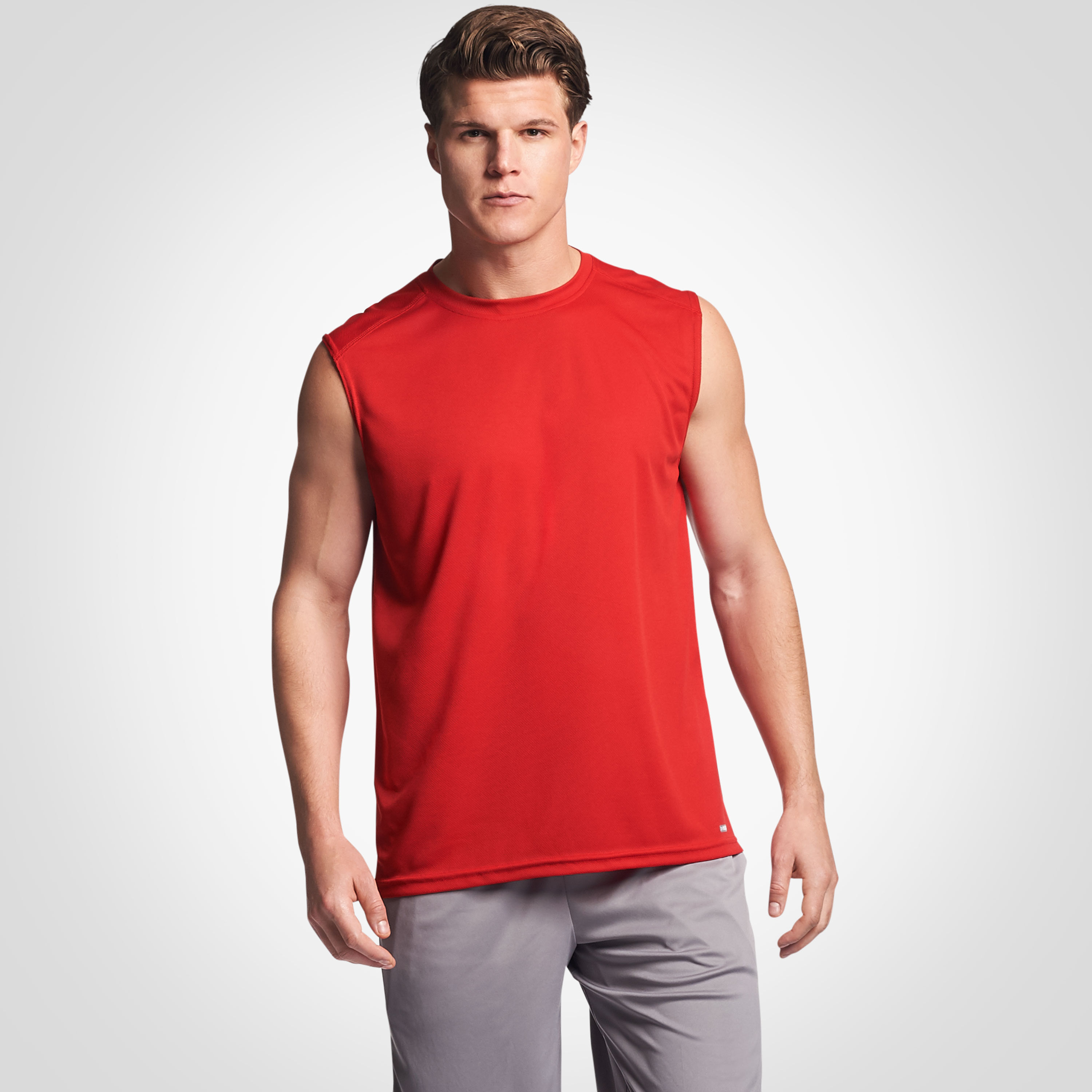 red sleeveless shirt